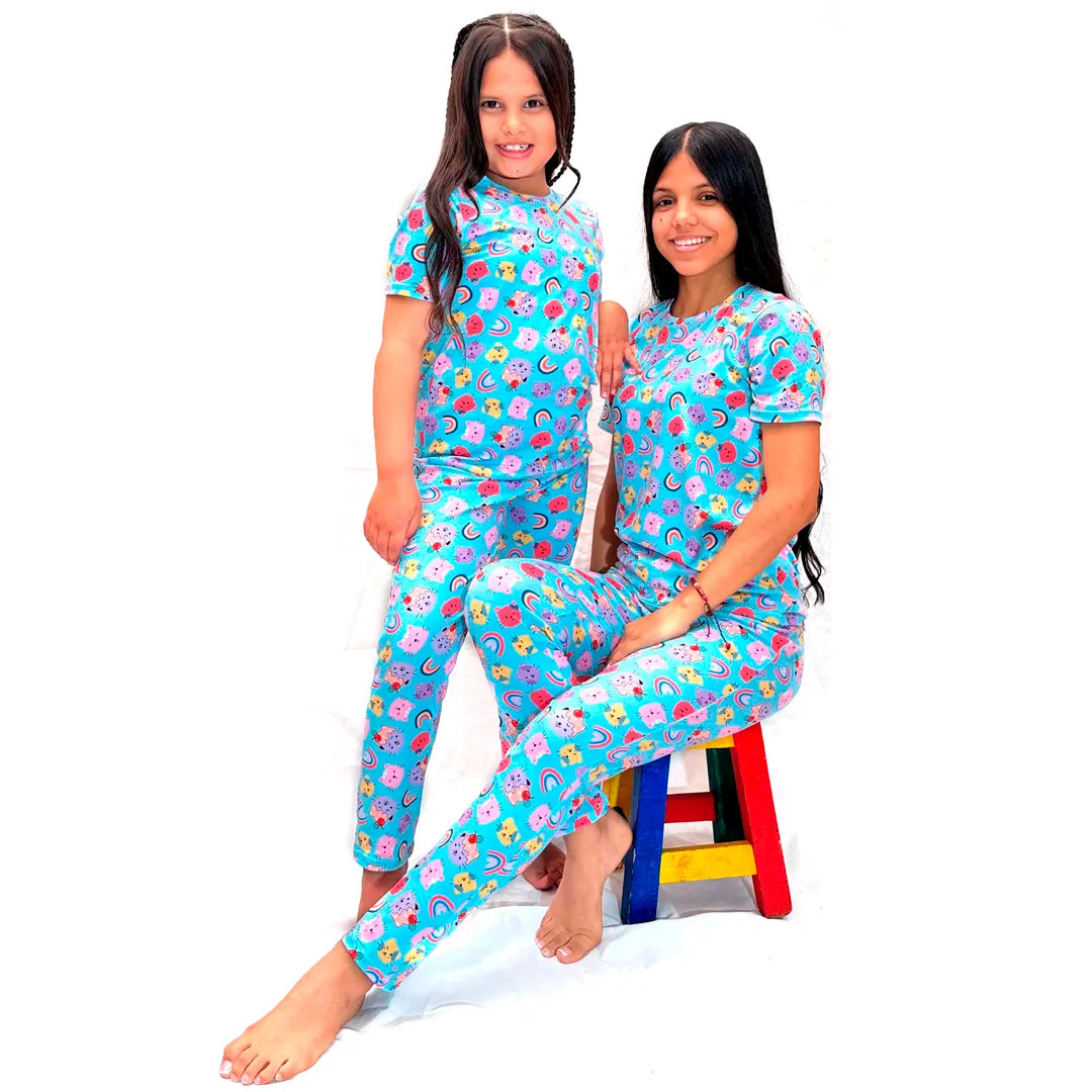 Pijama de Niña de Pantalon y Camisa Manga Corta Azul Gatos