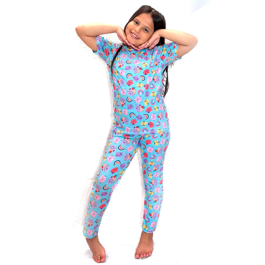 Pijama de Niña de Pantalon y Camisa Manga Corta Azul Gatos