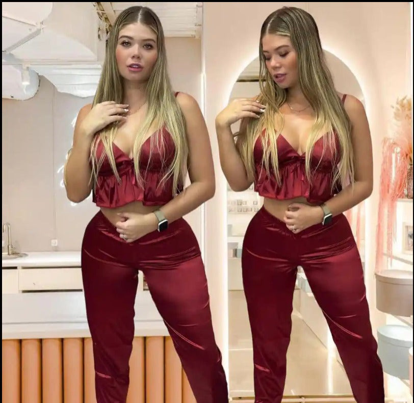 Pantalón Satin Negro Bolero Vinotinto