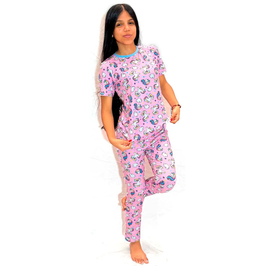 Pijama de Niña de Pantalon y Camisa Manga Corta Rosada