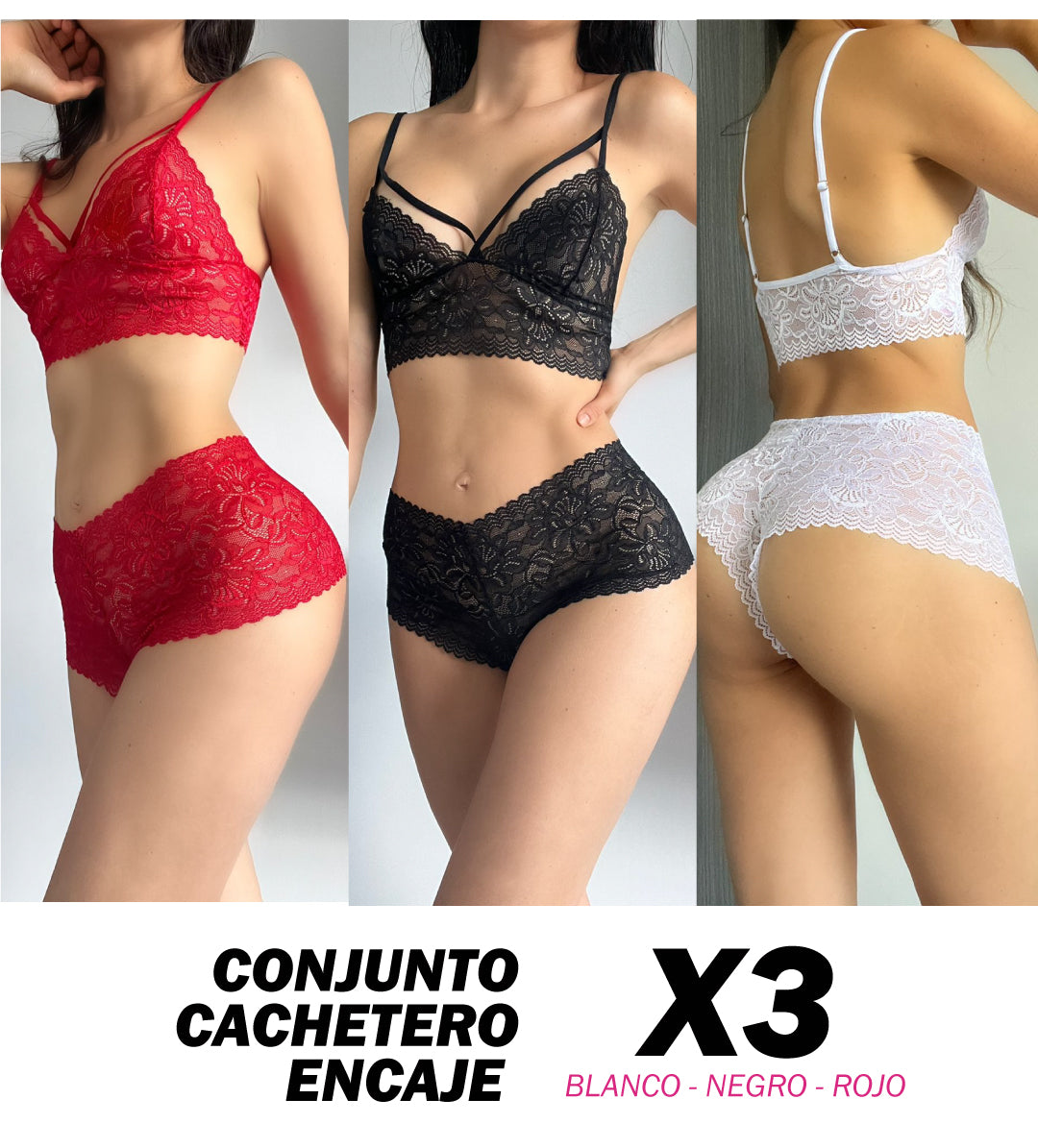 PAQUETE X3 - CONJUNTOS EN ENCAJE CACHETERO NEGRO, BLANCO Y ROJO