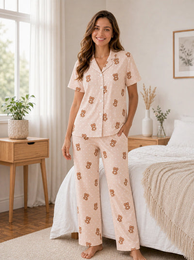 Pijama Pantalón Botones Camisa Camel Ositos