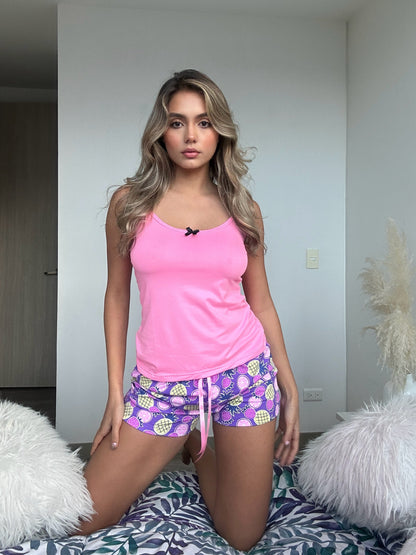 Pijama Short de tela Suave Color Rosada