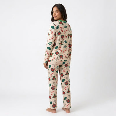 Pijama Navideña Manga Larga para Mujer 🎁 Acebo Clásico
