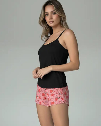 Pijama de Dama en Short Negra Gato