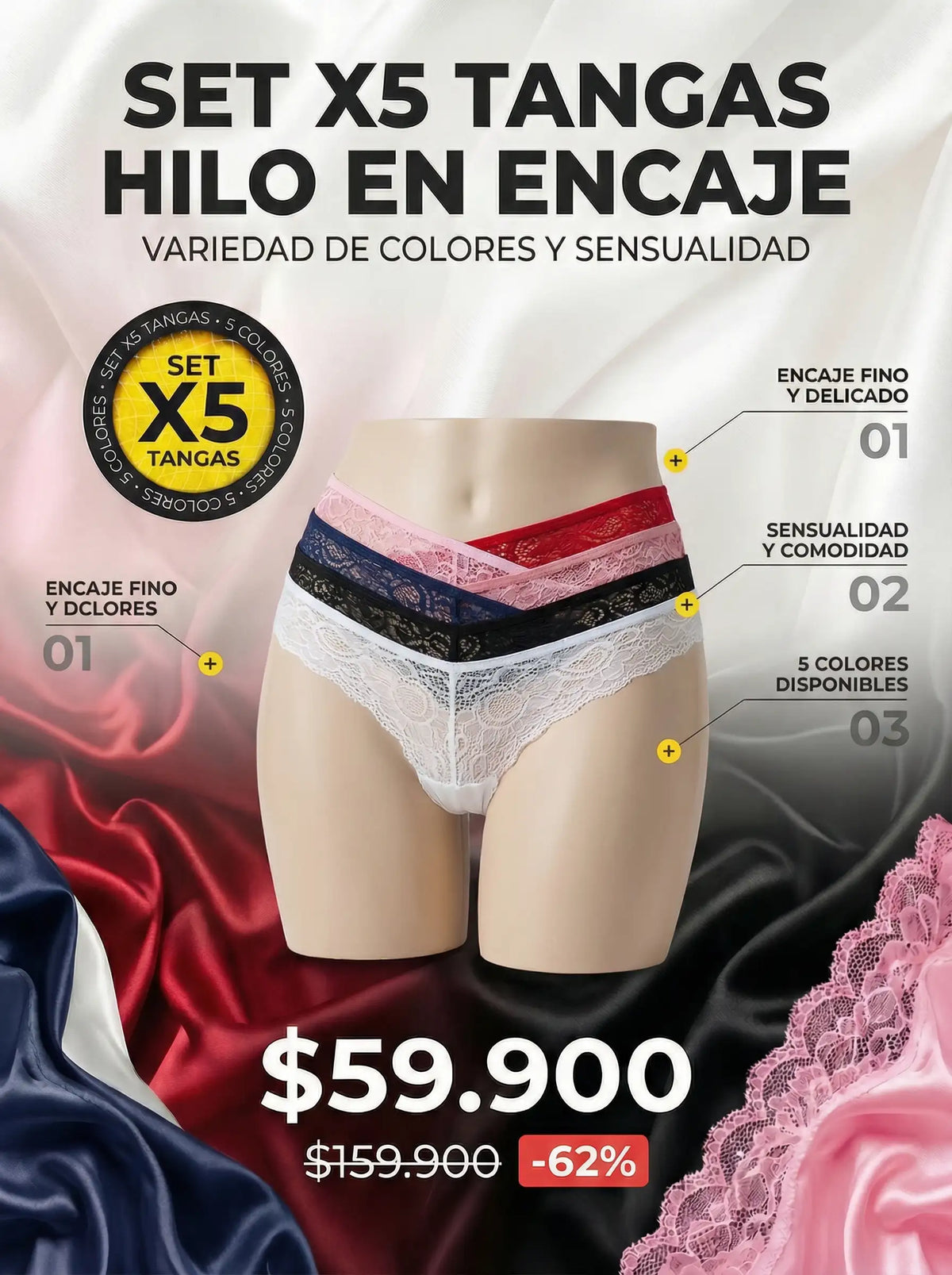 Tanga Hilo Encaje - x5 Colores
