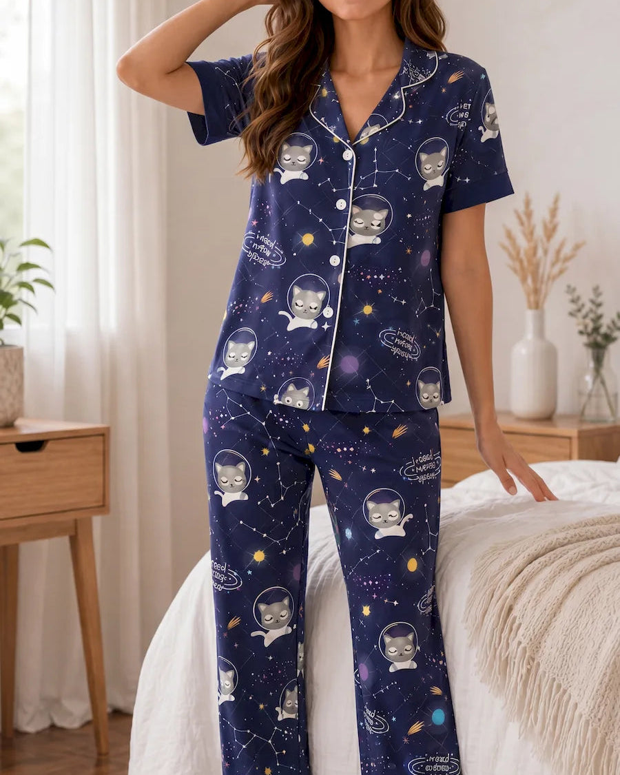 Pijama Pantalón Botones Camisa Azul Gatos