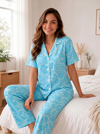 Pijama Pantalón Botones Camisa Celeste Olas